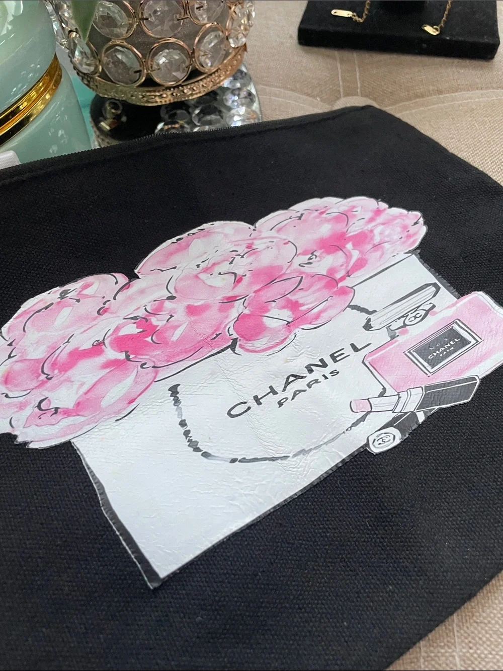 ✨💕Pink Floral Black Canvas Cosmetic Pouch with Floral and Perfume Print💕✨